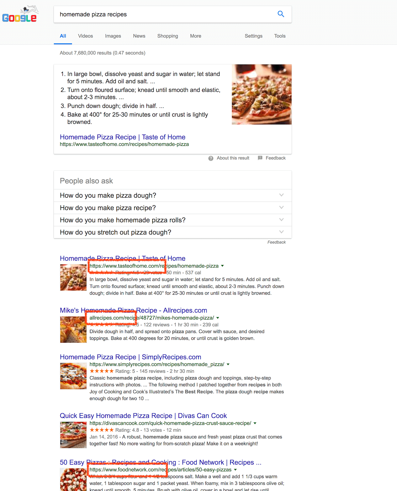 Homemade pizza search results in google